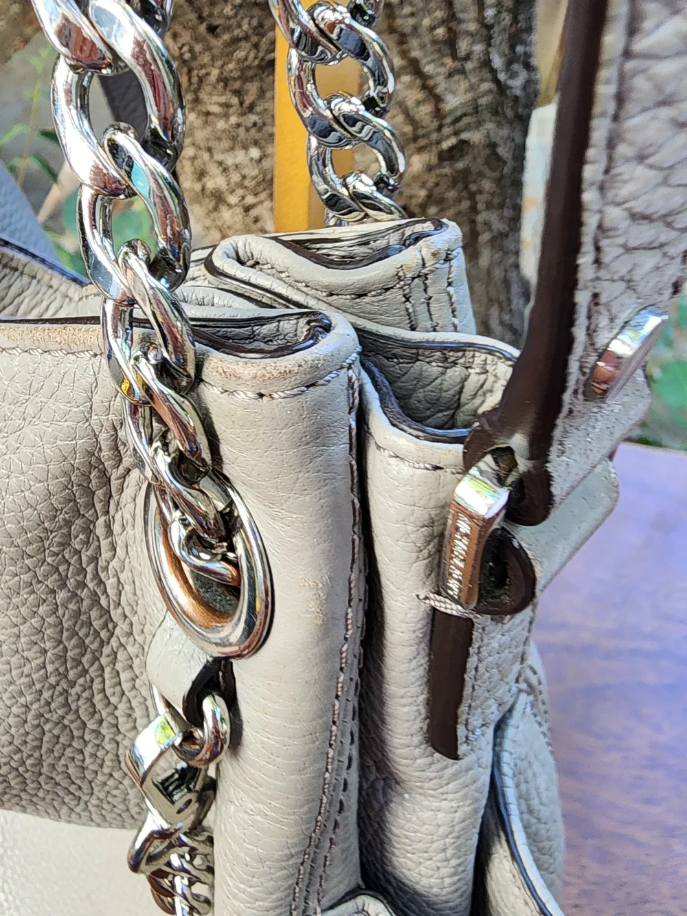 Michael Kors Gray Pebbled Leather Chain Shoulder Bag Hobo Tote Purse